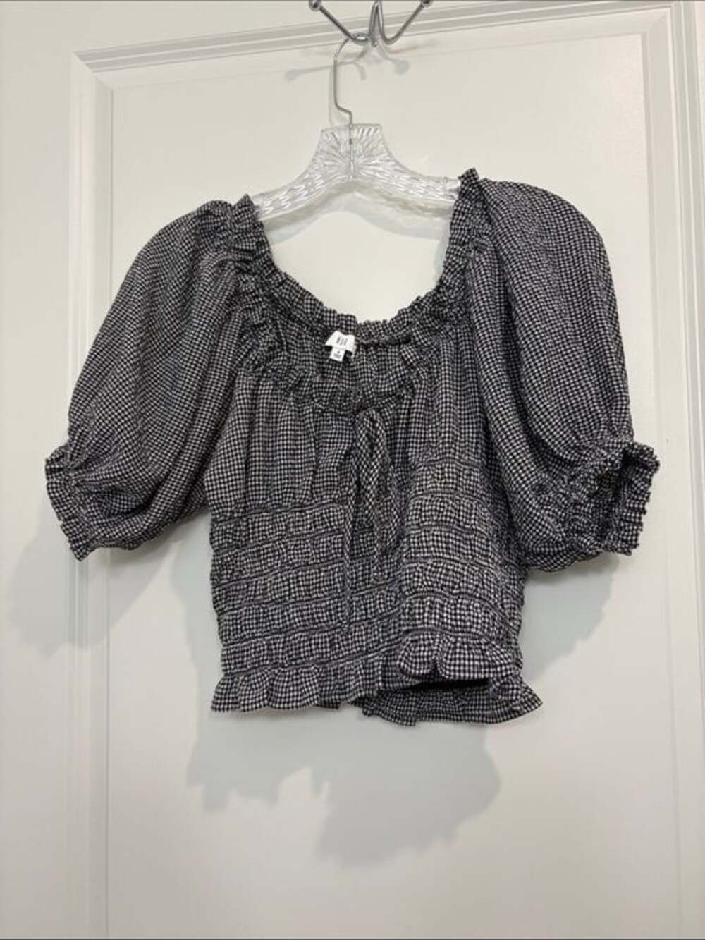 NSR Black Gingham Smocked Small Cottagecore Puff-Sleeve Crop Top
